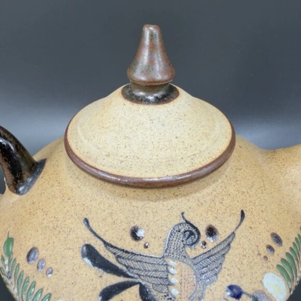 Hand Made Mexico Pottery‎ Tonala Signed Neto Mexico Teapot Carafe Jug Bird Decor